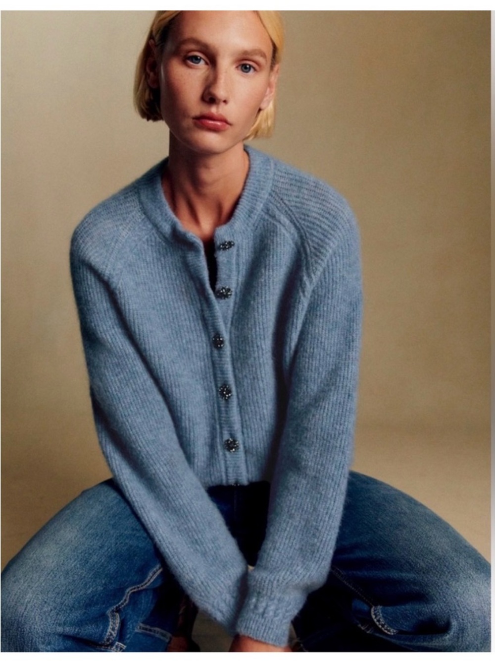 Sézane Othello Blue Button-Up Knit Cardigan with rhinestone buttons💙💙💙